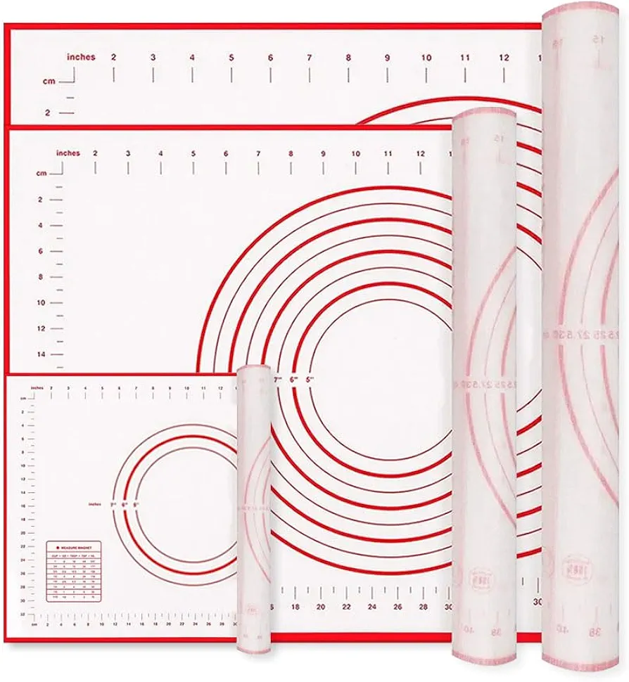 Silicone Baking Mat Set of 3, Non-Stick Pastry Rolling Mat with Measurement, Contains Three Sizes, 20 * 28"/16 * 24"/10.3 * 11.4", Counter Table Mat, Placemat, Fondant Icing/Cake/Pizza Mats (Red)