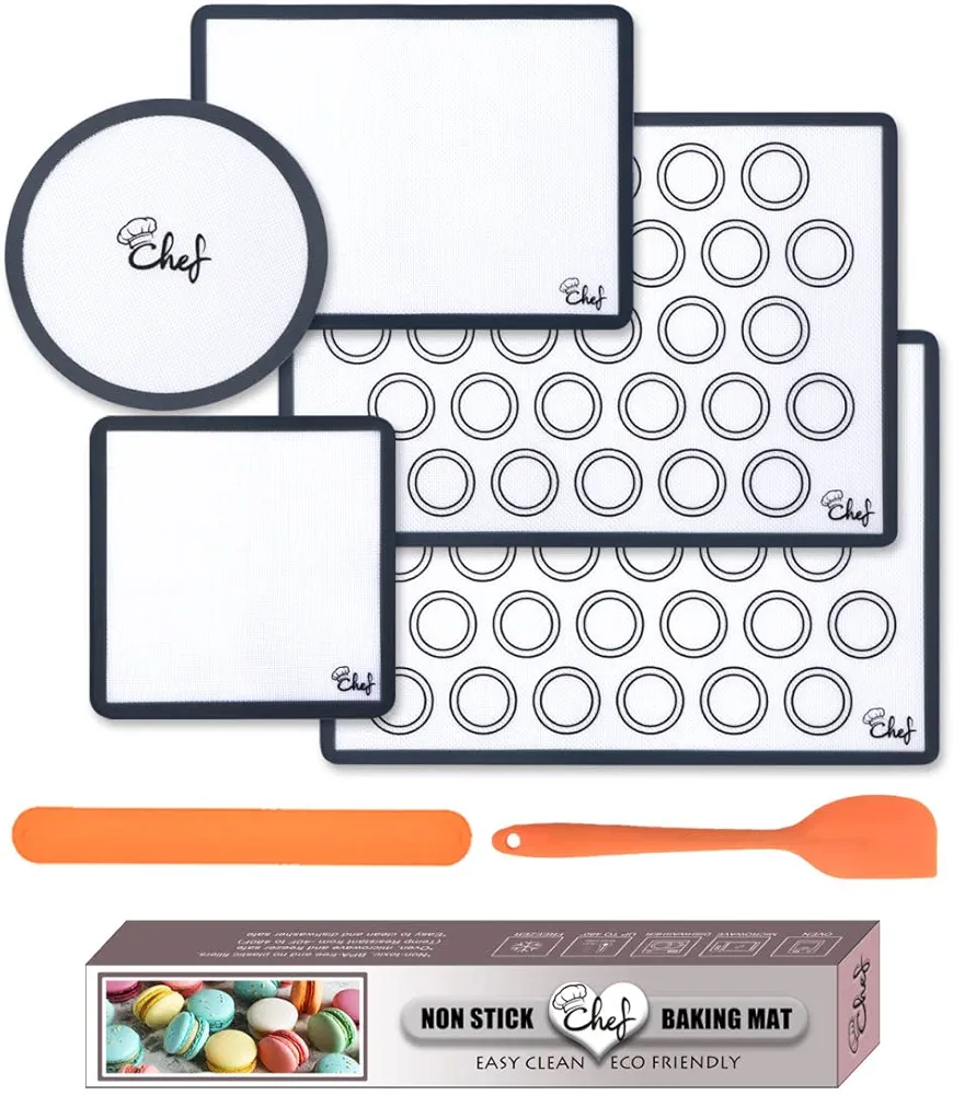 Silicone Baking Mats Set of 5 + 1 Spatula - 100% Non-Stick Reusable Food Safe Liners, Baking Sheets For Oven, Macaron