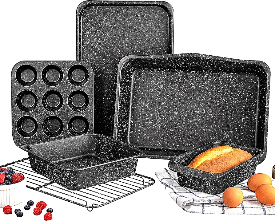Granite Stone Pro 5 Piece Bakeware Set, 0.8MM Gauge, Durable Nonstick Surface, Oven Safe 550°F with No Warping, Dishwasher Safe, Cookie Sheet, Muffin Pan, Loaf Pan & Round Pan and XL Rectangular Tray