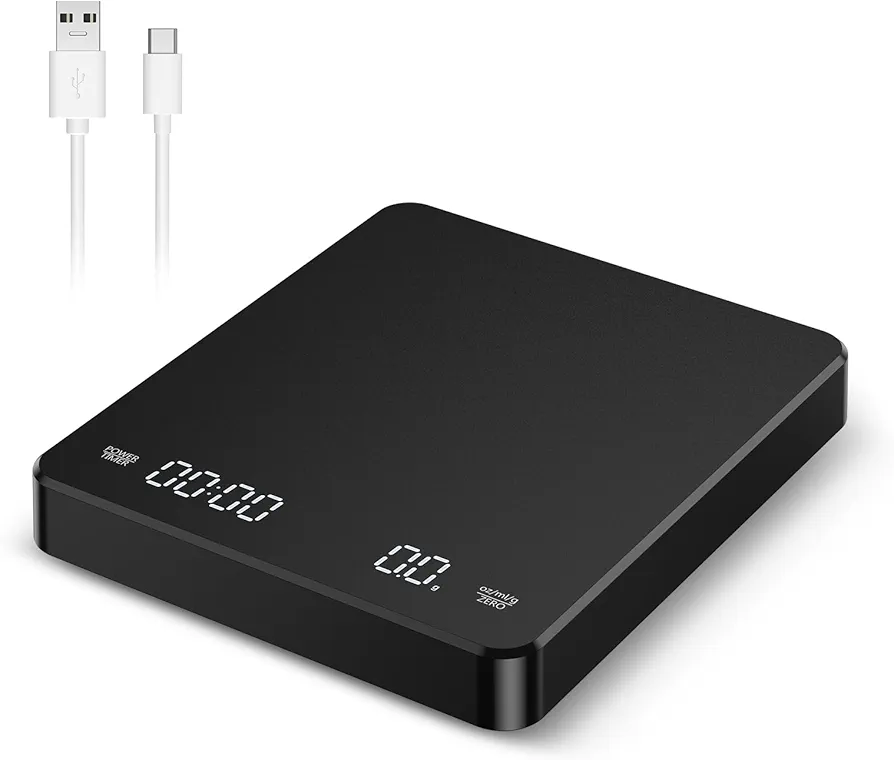 AMIR Digital Kitchen Scale with Timer, Drip Espresso Scale 3 kg/0.1g High Precision, Rechargeable Portable Coffee Scale, 3 Units, Tare, Auto Off