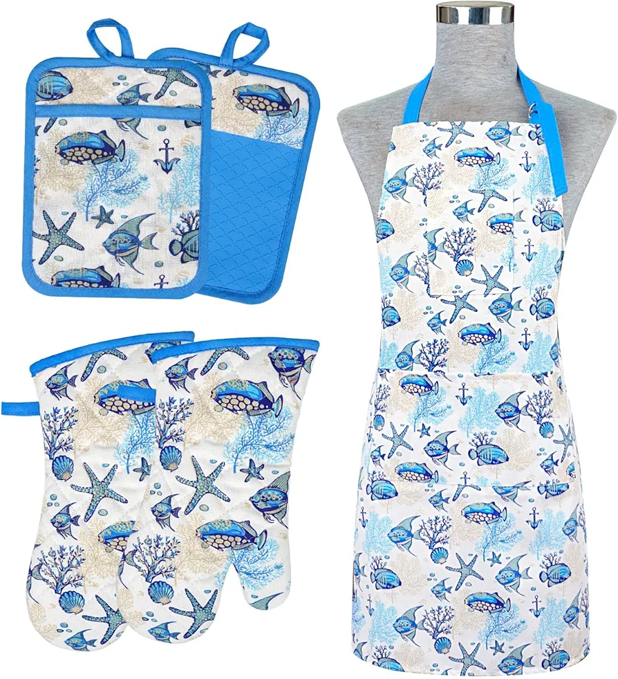 Oven Mitts and Pot Holders with Chef Apron,Set of 5 Heat Resistant Kitchen Gloves and Silicone Non-Slip Potholders Adjustable Neck Buckle Apron, Cotton Nice Design for Cooking (Marine Fish)