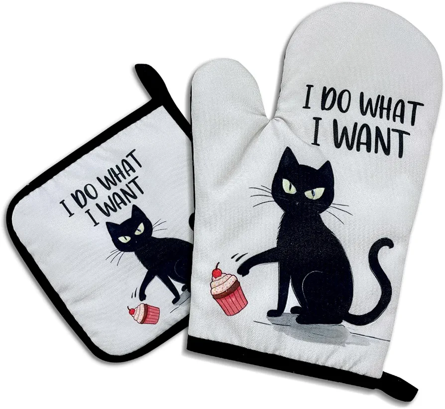 I Do What I Want,Funny Oven Mitts and Pot Holders,Silicone Non-Slip Oven Mitts,Cat Oven Mitts,Cat Lover Gift,Cat Mom Gifts,Cooking Baking BBQ Gifts