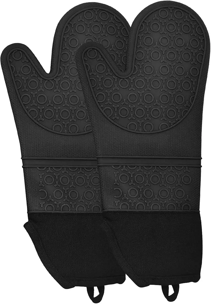 Silicone Oven Mitts with Soft Cotton Liner for Baking Cooking Barbecue Heat Resistant Gloves Kitchen Mitt Potholders Black Set of 2