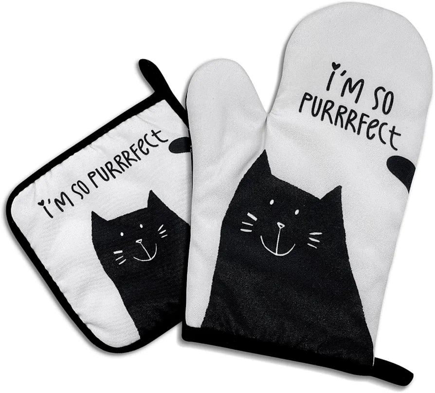 I am so Purrrfect,Funny Oven Mitts and Pot Holders,Silicone Non-Slip Oven Mitts,Cat Oven Mitts,Cat Lover Gift,Cat Mom Gifts,Cooking Baking BBQ Gifts