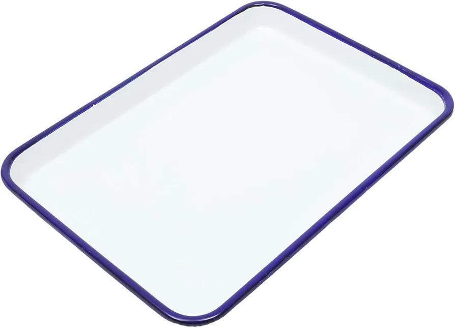 Zerodeko White Enamel Baking Sheet Pan: Enamelware Collection with Blue Rim Rectangular Serving Tray Butcher Cookie Tray Dish 26x18cm for Home Kitchen
