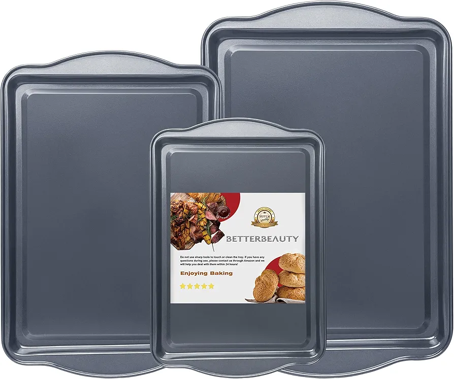 Cookie Sheets for Baking, Nonstick Banking Pans Set of 3 with Wide Edge, Half/Jelly Roll/Quarter Baking Tray, Dishwasher Safe Easy Clean for Kitchen Oven Pan Bakeware Set