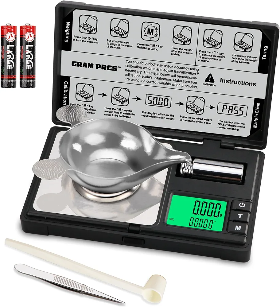 High Precision Milligram Scale,50g/0.001g Digital Mini Pocket Gram Scale,Mg Scale for Weighing Powders,Jewelry, Medicine, Gem, Reloading, with Cal Weight, Tweezer ，Tray and Scoop