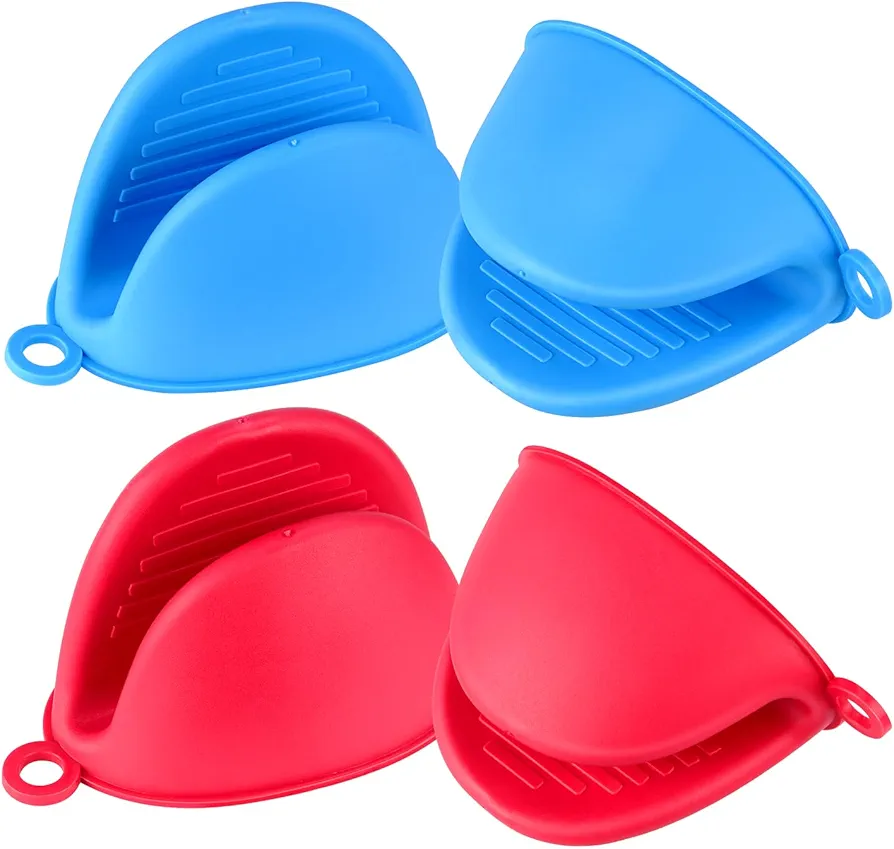 2 Pairs Mini Oven Gloves, Silicone Oven Mitts Heat Resistant, Silicone Potholders Cooking Pinch for Kitchen Cooking & Baking (Red and Blue)