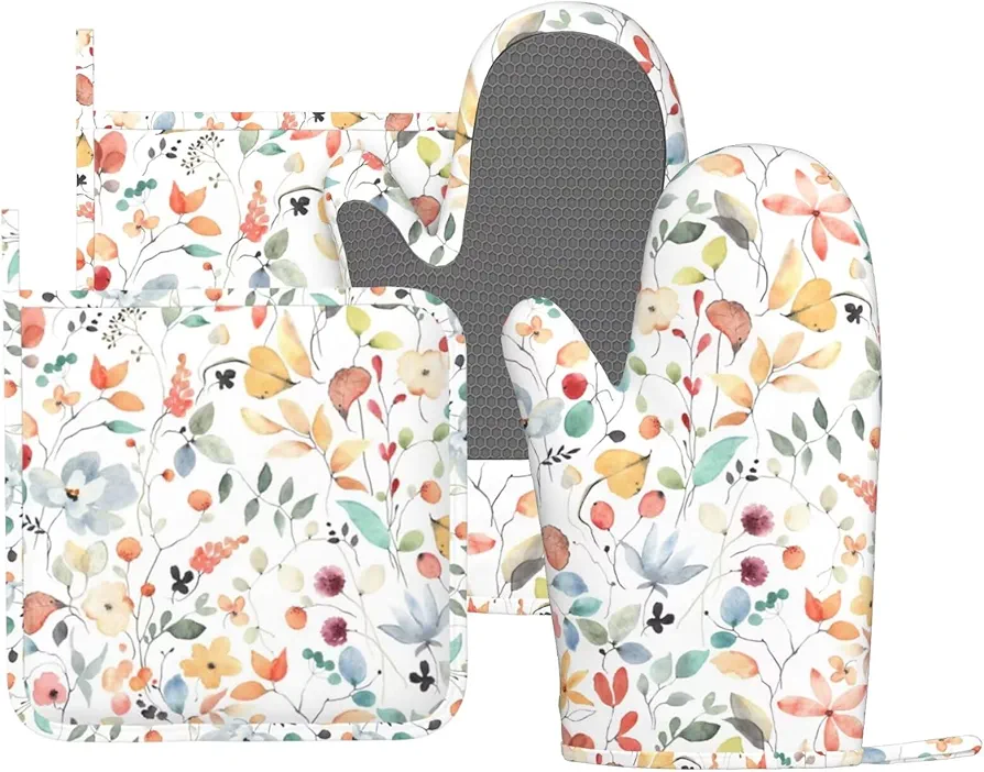 Sprint Floral Butterfly Oven Mitts Pot Holders Set Silicone Rustic Colorful Wild Flowers Kitchen Oven Mitts Heat Resistant Potholders Non-Slip 4pcs Hot Pads and Oven Gloves Sets for Cooking