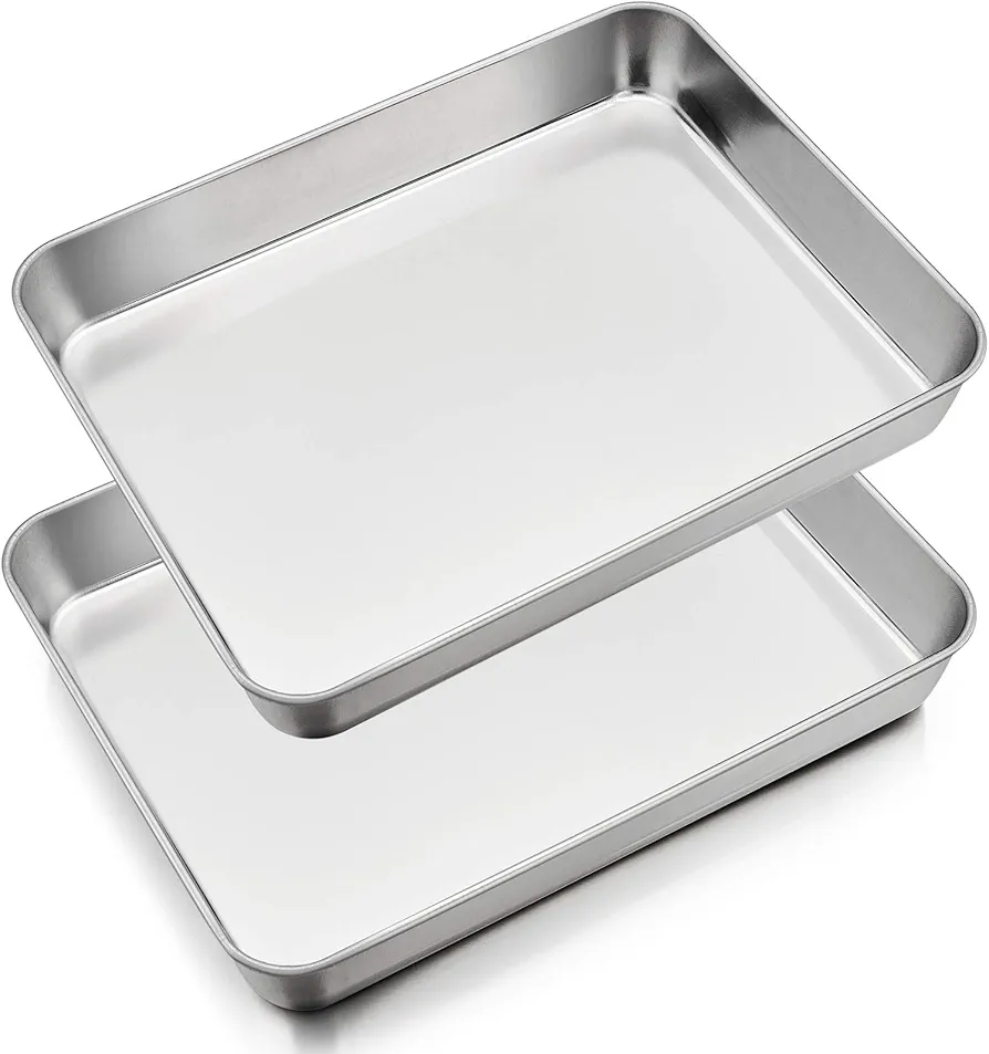 P&P CHEF 12.3 Inch Baking Sheet Pans Set of 2, Stainless Steel Rectangle Lasagna Cake Pan, Heavy Duty & Easy Clean, Silver