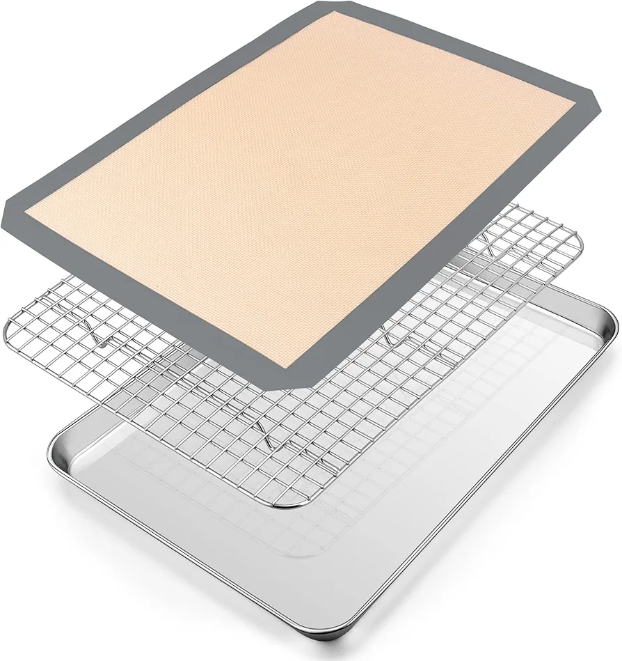 16 Inch Stainless Steel Baking Sheet with Grid Rack and Silicone Baking Mat Set, P&P CHEF Baking Pan Tray with Cooling Rack, 3 Pcs (1 Pan + 1 Rack + 1 Mat), Dishwasher Safe, Non-toxic & Durable