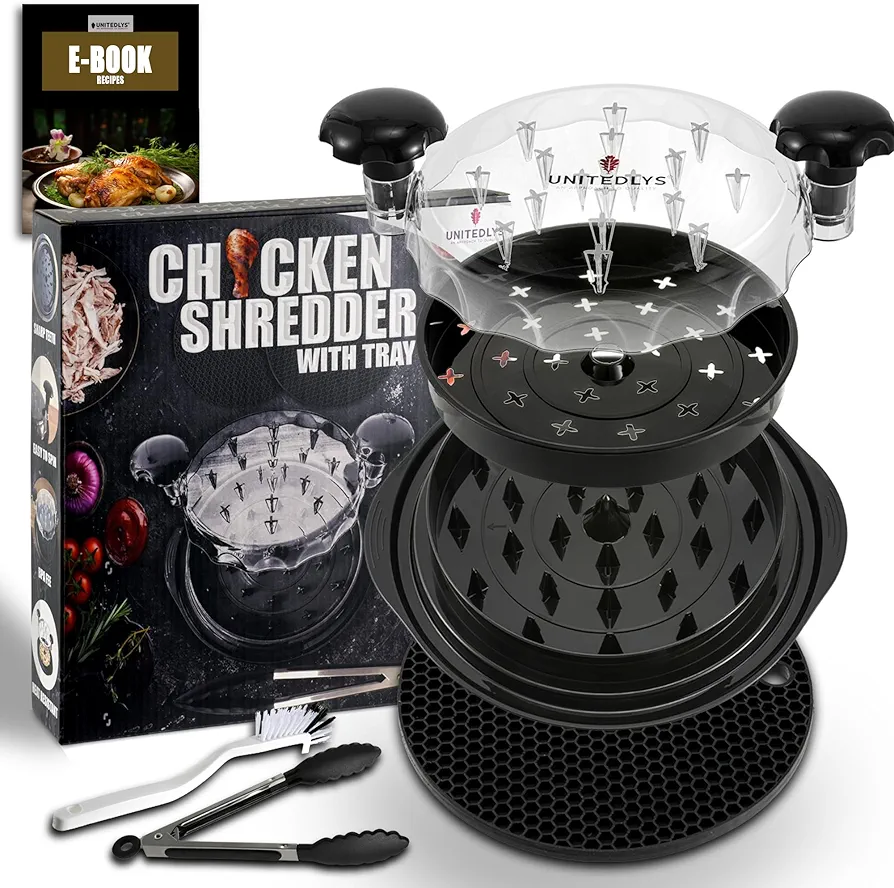 Chicken Shredder Tool Twist Large with Cleaning Brush, Mat, Tray & Tongs | Dishwasher Safe, Heat Resistant & Anti Slip Grip | Effortless Meat Shredder for Shredded Chicken, Beef & More