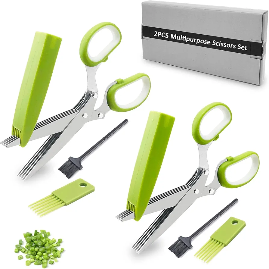 2 Pack Herb Scissors, Herb Scissors with 5 Blades and Cover, Multi Blade Kitchen Scissors for Cutting, Shredding and Cooking Cilantro Onion Salad Garden Herbs, Dishwasher Safety (Green-2 Pack)
