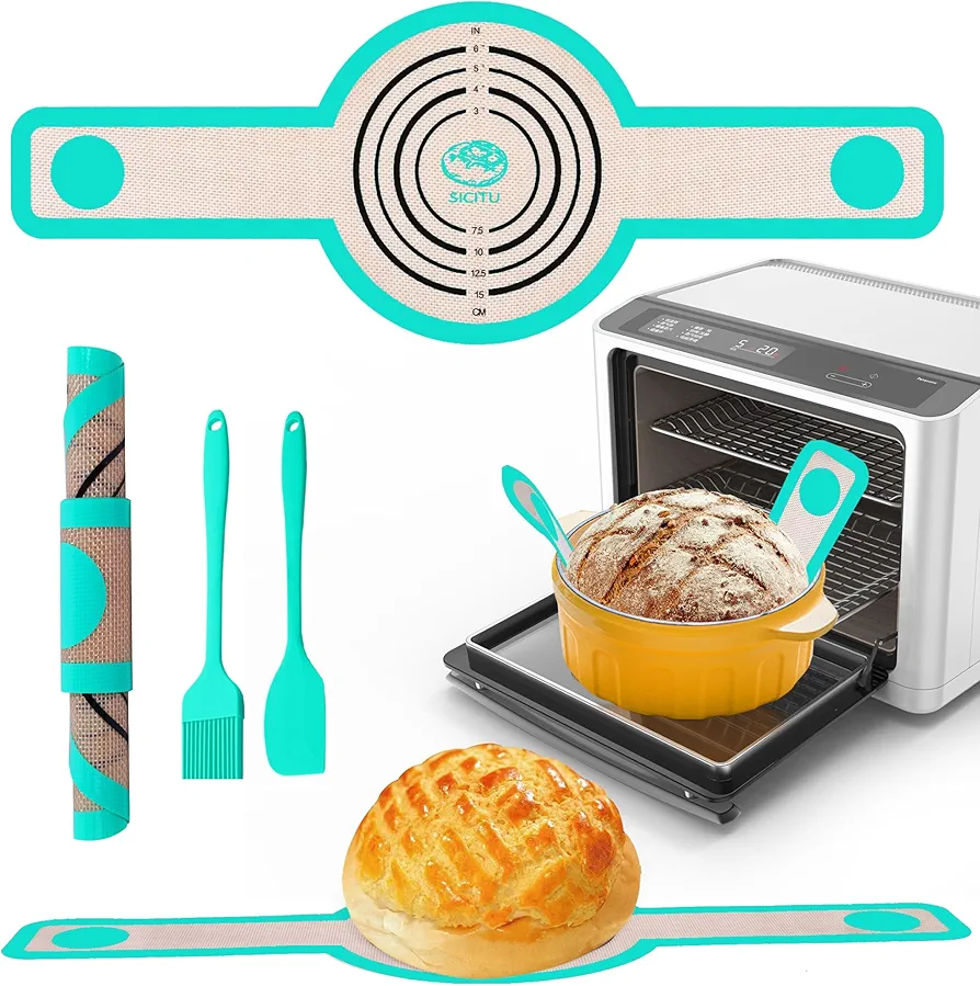 Silicone Bread Sling For Dutch Oven, Non-Stick Easy Clean Reusable Bread Baking Mat, 8.3 Inch Bread Mat With Long Handles For Transfer Dough Pastry, Come With Basting Brush & Silicone Spatula