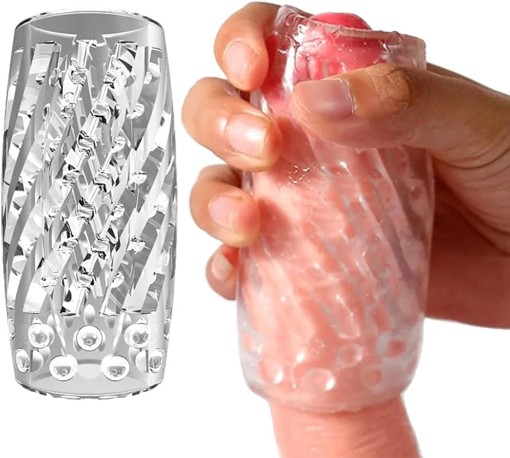 Reusable Male Masturbator Cup Penis Sleeve Male Sex Toys Transparent Crystal Vagina Textured Tunnel Pocket Pussy Stroker Adult Sex Toys Silicone Artificial Pussy for Men