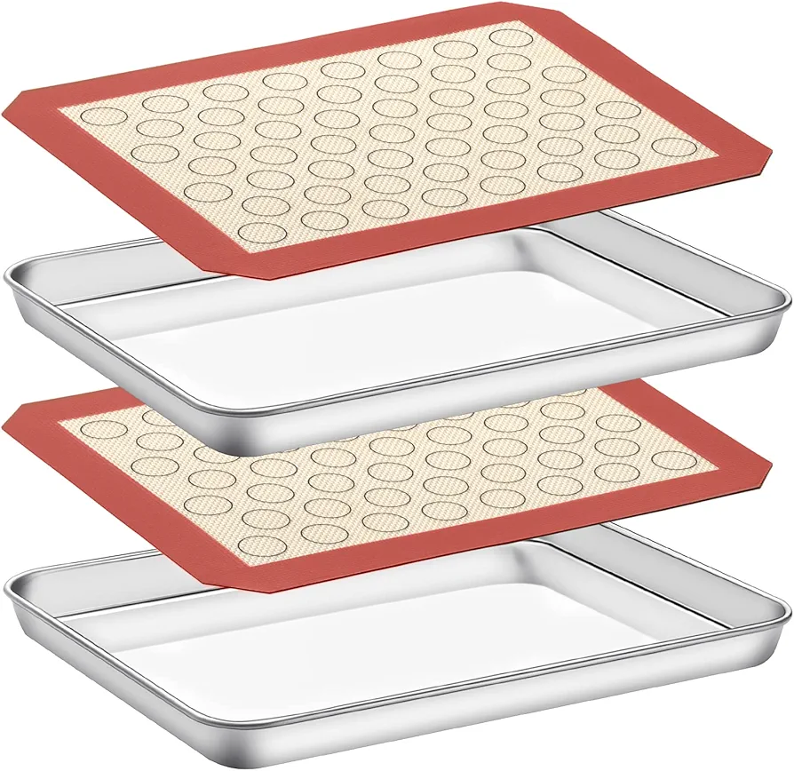 Baking Sheet with Silicone Mat Set of 4 [2 Sheets + 2 Mats], Deedro Stainless Steel Cookie Sheet Baking Pan with Silicone Baking Mat, 12 x 10 x 1 Inch, Non Toxic, Heavy Duty, Easy Clean