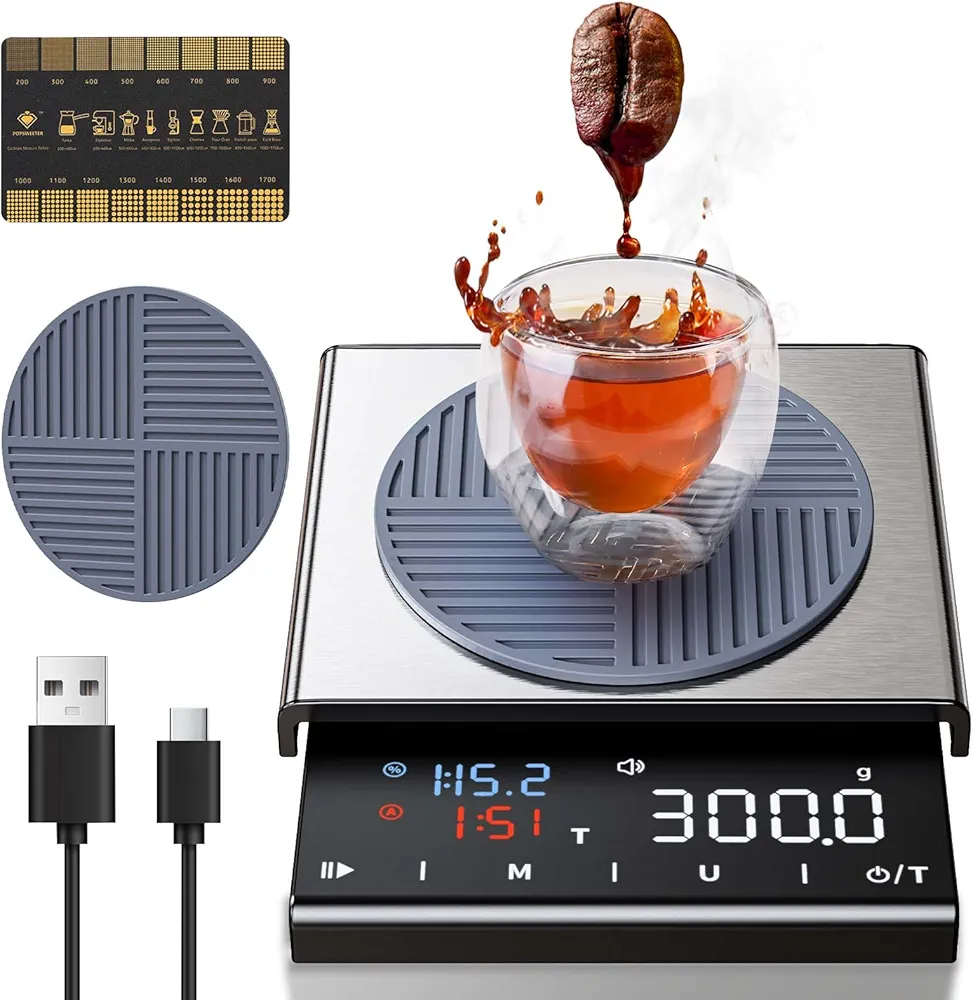Coffee Scale，3kg/0.1g High Precision Espresso Scale，with Timer and Coffee Powder to Water Ratio, for Espresso and Pour Coffee,Color HD LCD Screen and Stainless Steel Platform