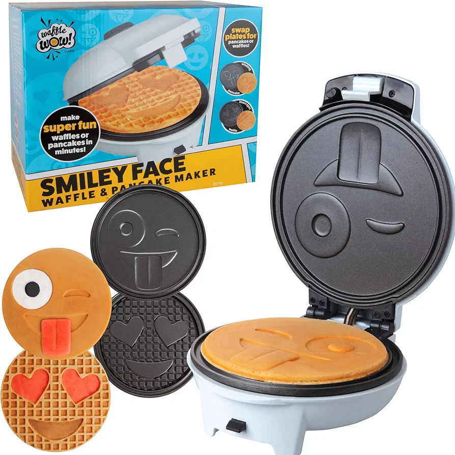 Waffle Wow! Smiley Face Emoji Waffler & Pancake Maker w 2 Interchangeable, Removable 8" Plates- Adjustable Temp Control, Nonstick Electric Iron for Kids Breakfast Fun or Gift - Officially Licensed