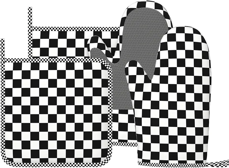 Kitchen Oven Mitts and Pot Holders Sets Black Checkered Silicone Oven Mitts Sets Heat Resistant Oven Mittens 4 Piece with Soft Lining Good Grip for Cooking Grilling