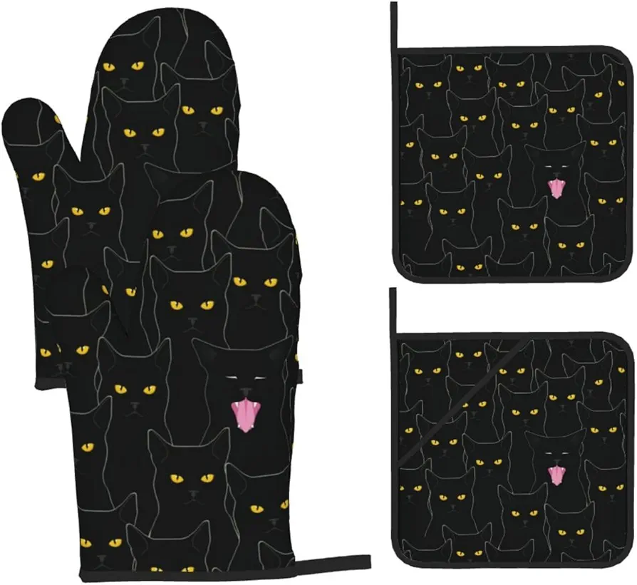 Cute Black Cats Oven Mitts and Pot Holders Sets of 4，Heat Resistant Kitchen Microwave Gloves Non-Slip Pot Pads for Grilling Baking Cooking BBQ